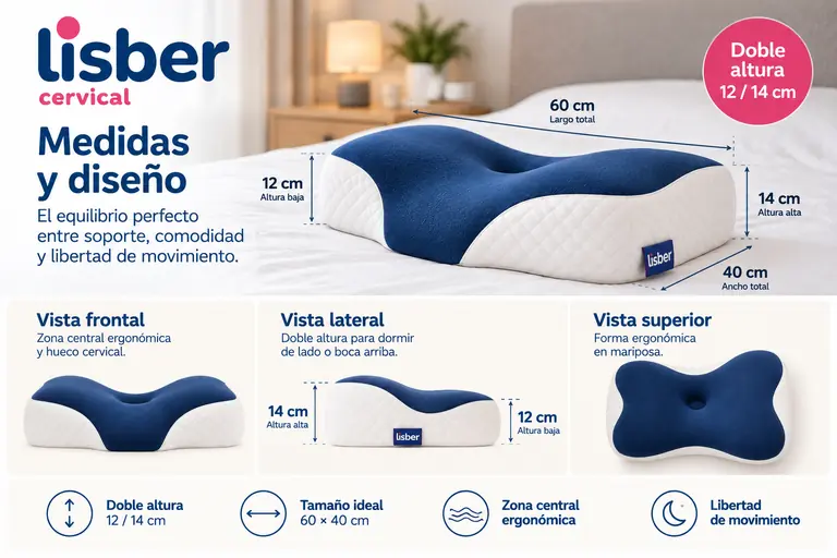 Medidas de Lisber Cervical: 60 cm de largo, 40 cm de ancho, un lado de 12 cm y otro de 14 cm, con vistas frontal, lateral y superior